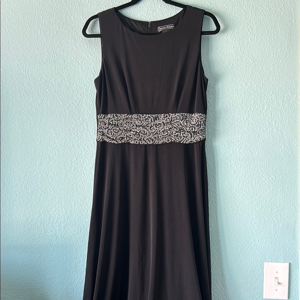 Elegant Black and Silver Embellished Maxi Dress Size 8
